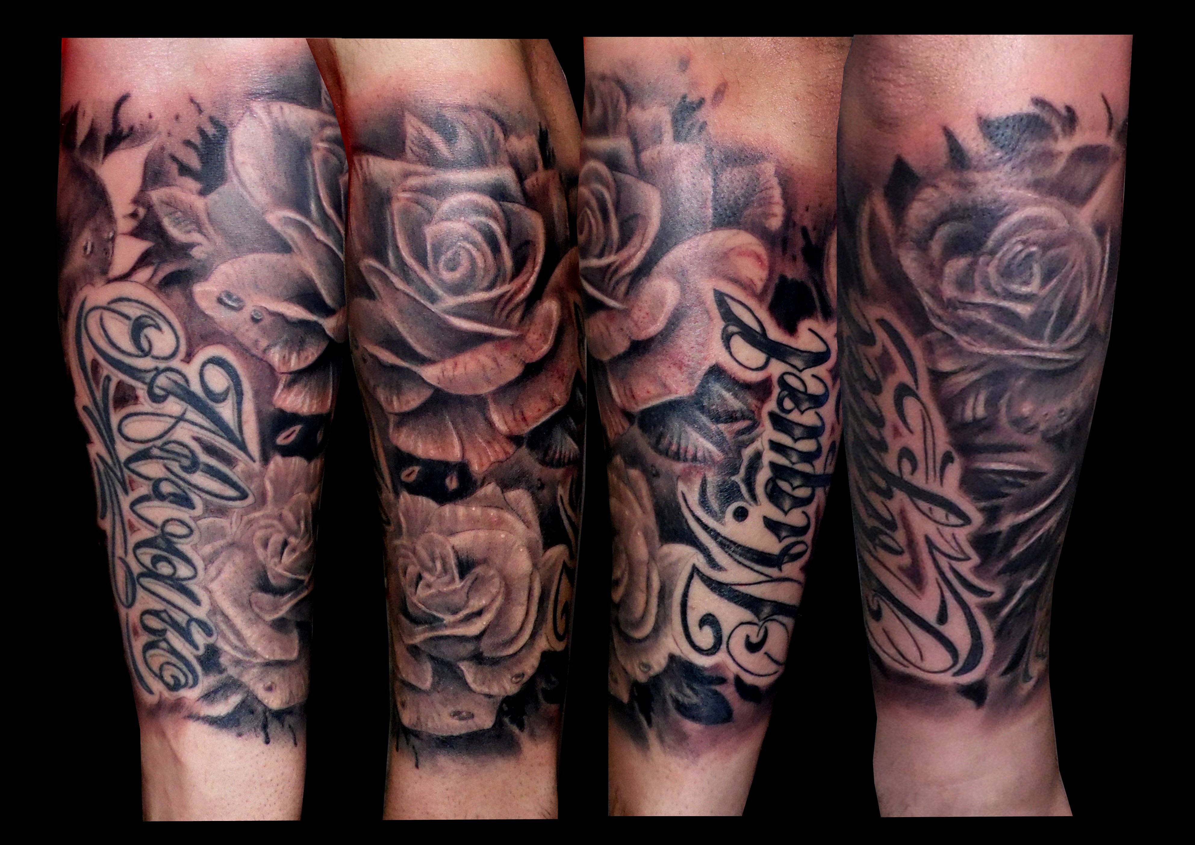 rosas antebrazo tattoo tatuaje black grey blanco negro sombras realismo nombres lettering antebrazo 13depicas
