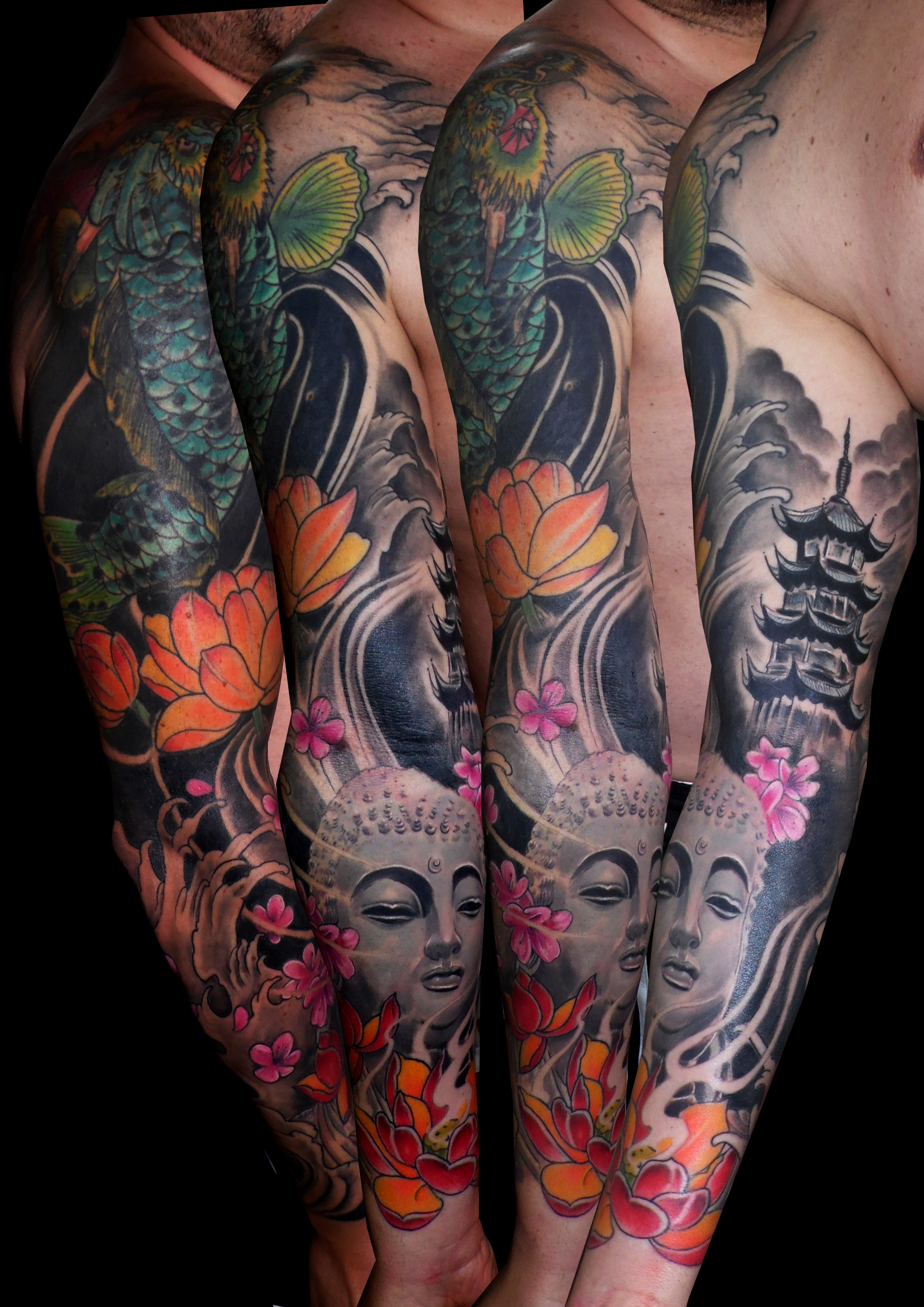 tatuaje buda templo oriental flor loto carpa koi flor cerezo brazo entero sombras color 13depicas