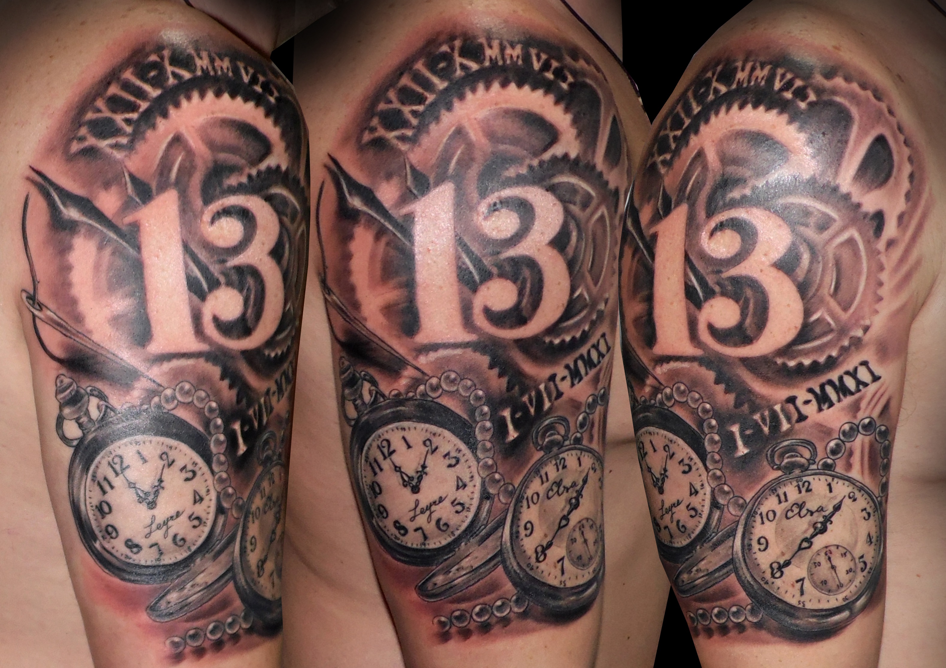número 13 tatuaje relojes engranajes hombro brazo black grey sombras 13depicas