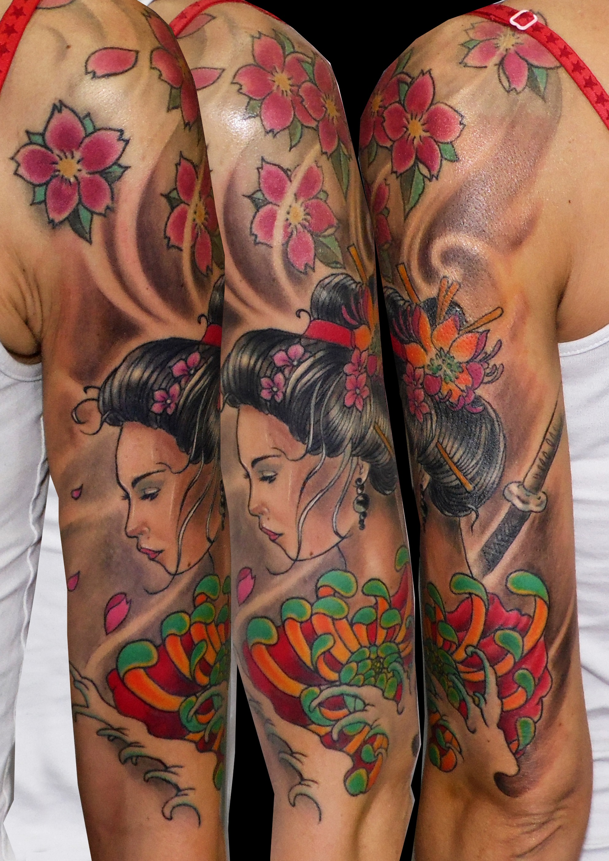 geisha tatuaje japonés color hombro hasta codo chica flores cerezo 13depicas