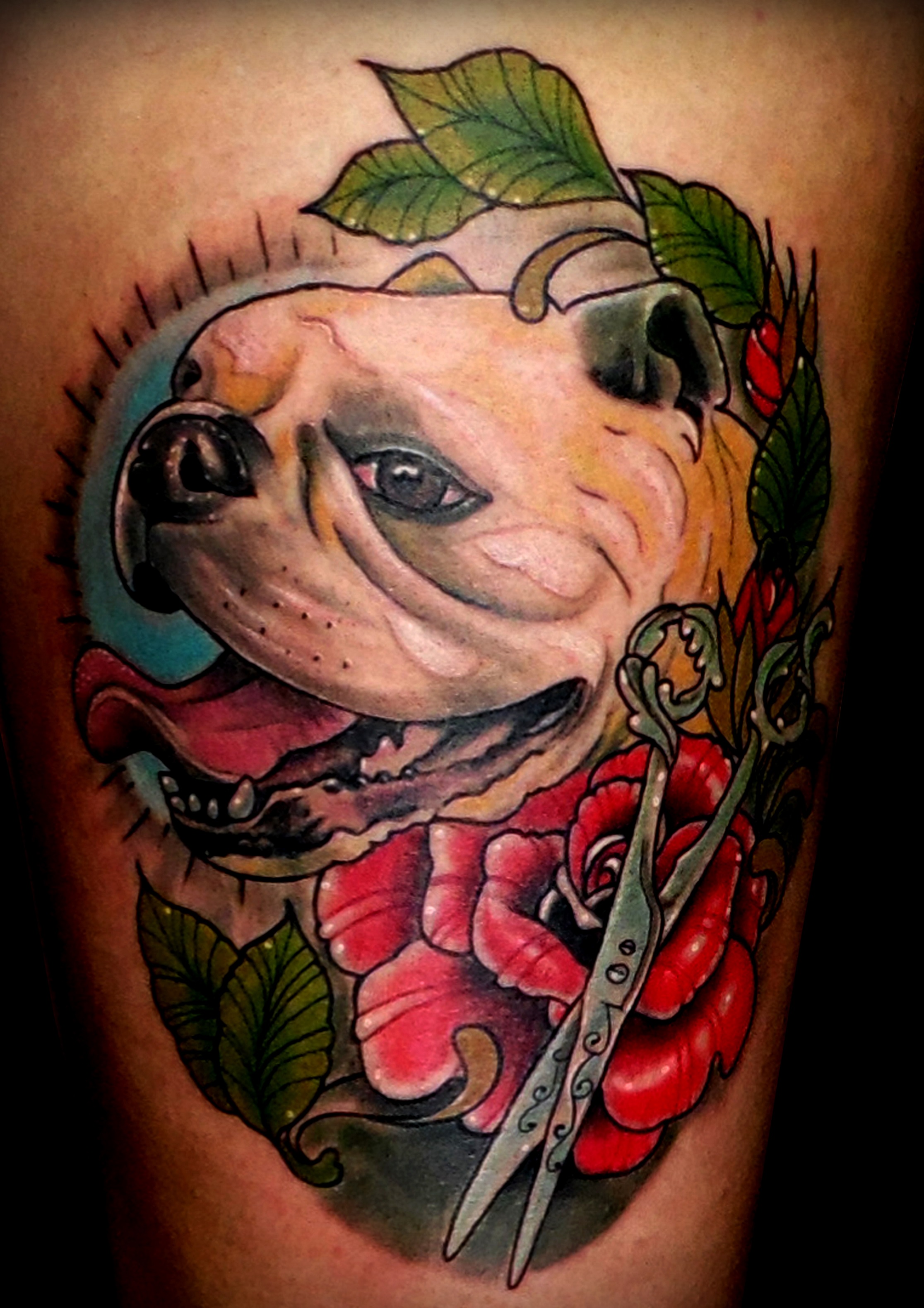 retrato perro tattoo tatuaje trecedepicas 13depicas jaca huesca neotradicional color muslo rosa tijeras promoción tatuajes