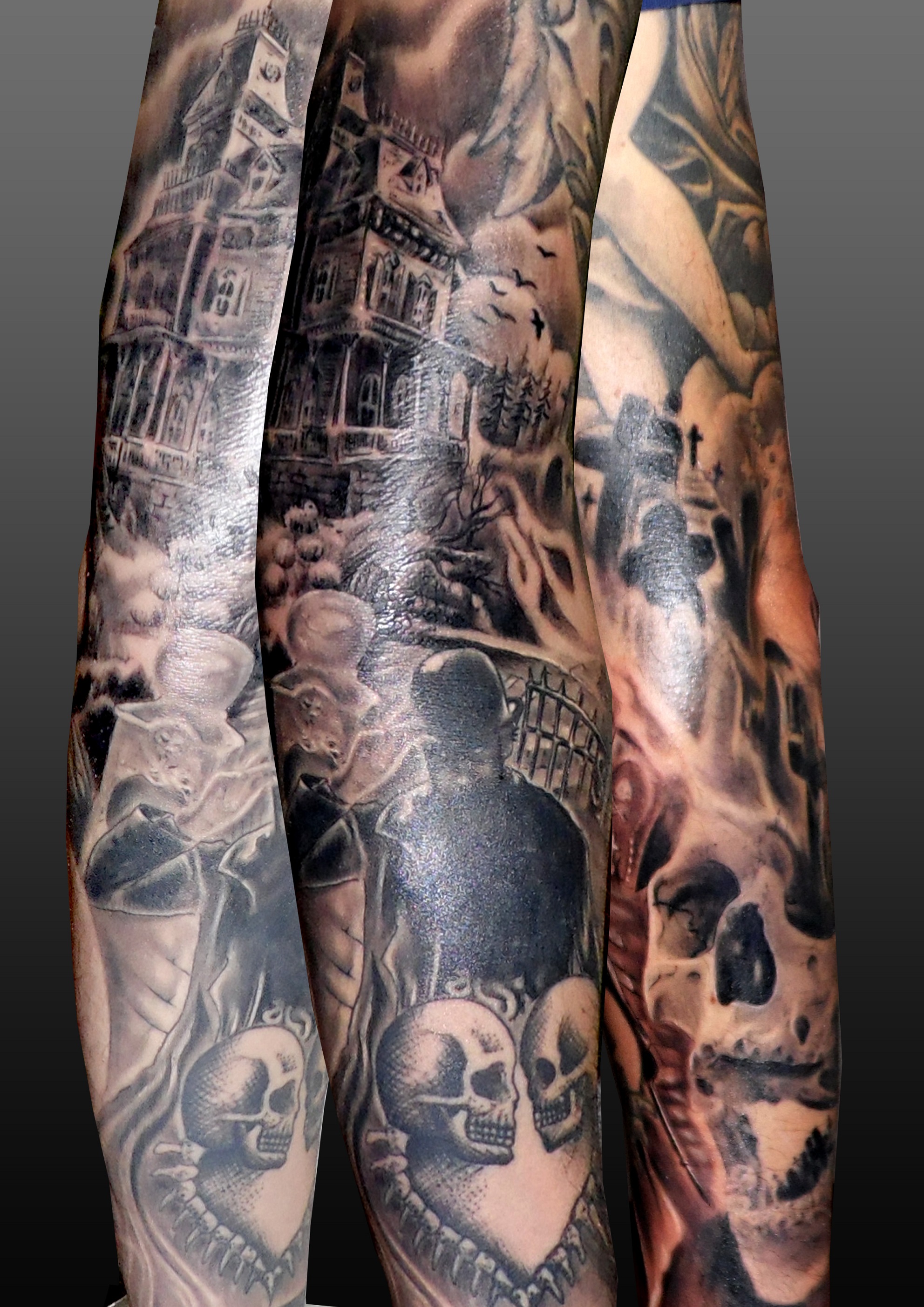 tatuaje tattoo brazo calavera cementerio casa encantada tumbas 13depicas black grey blanco negro