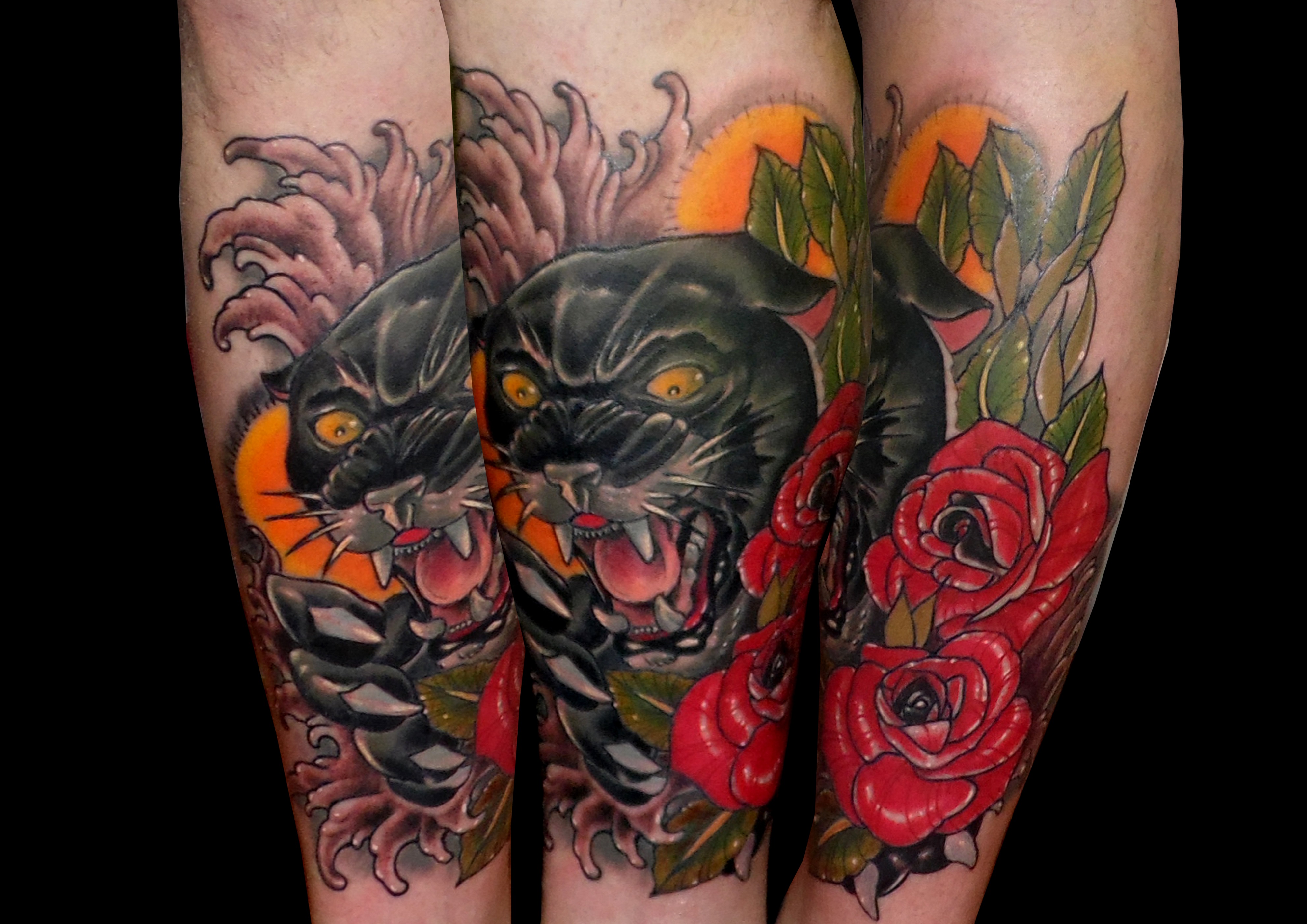 tatuaje tatto pantera rosas color gemelo neotraditional neotradicional olas color 13depicas