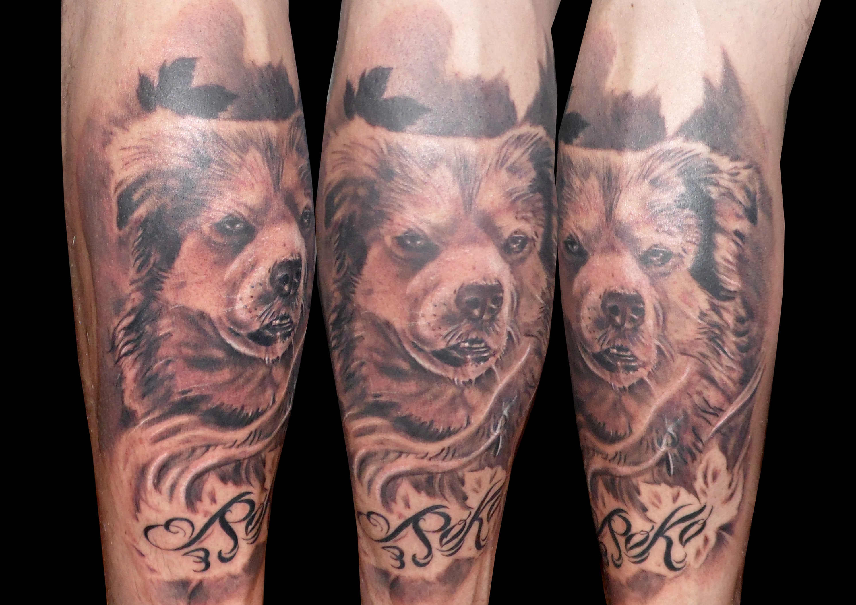 tatuaje tattoo retrato perro realismo blanco negro black grey mascota gemelo pierna 13depicas promoción tatuajes