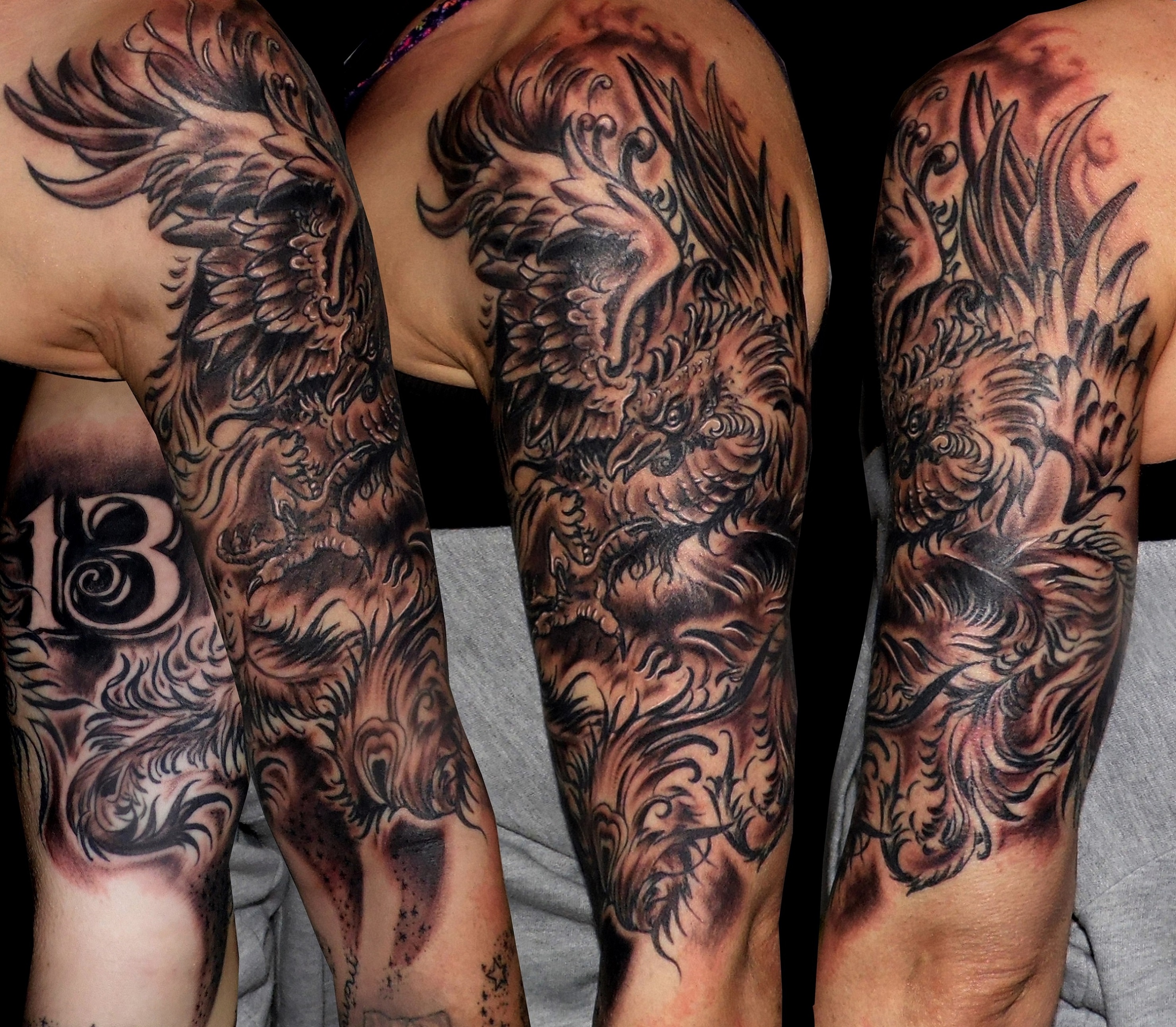 tatuaje tattoo fenix ave pajaro sombras black grey gris sombras hombro brazo trece 13 13depicas