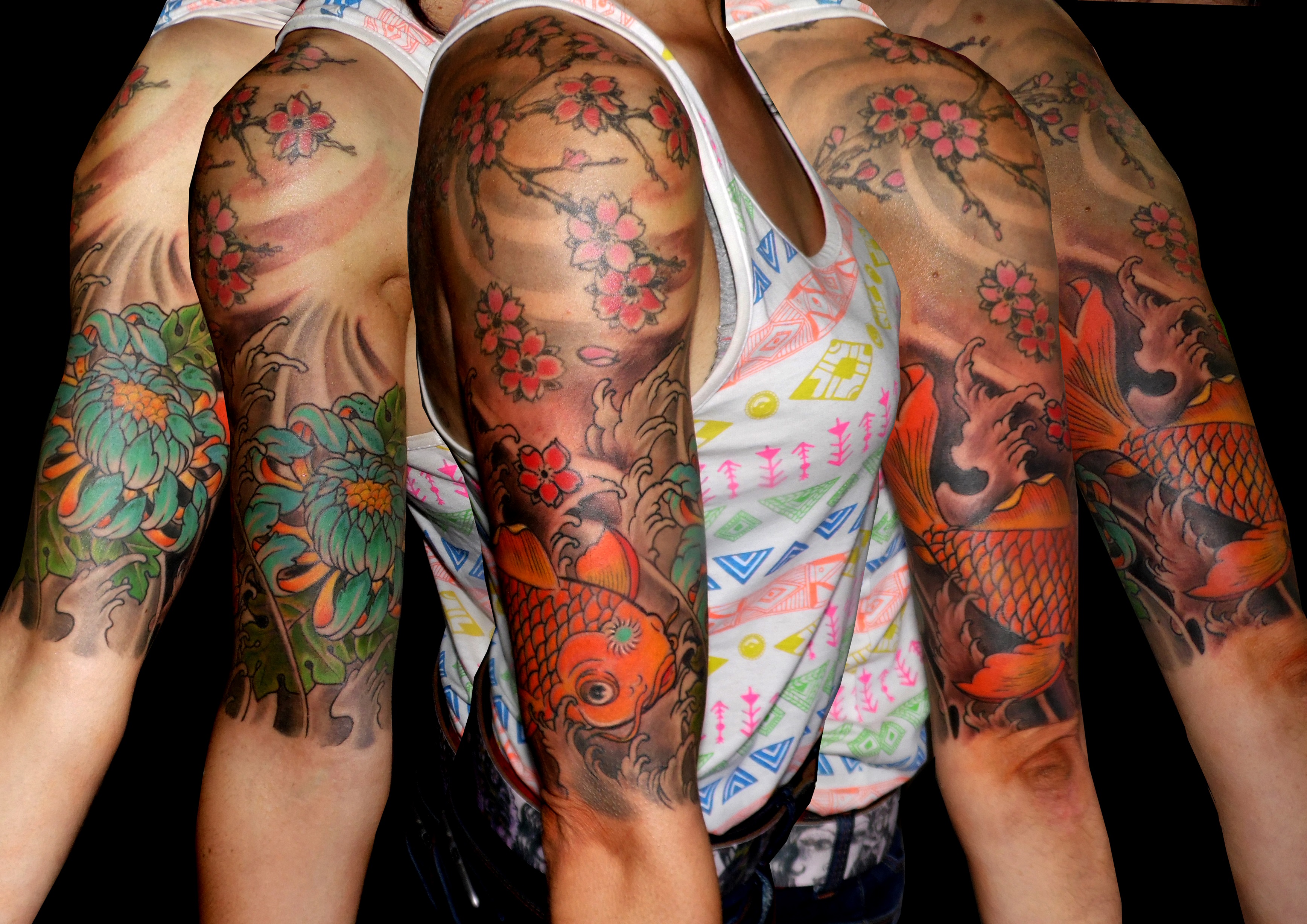 tatuaje tattoo koi japonés crisantemo flores cerezo color brazo hombro chica 13depicas