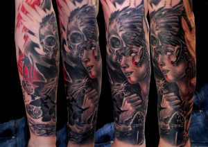 tatuaje tattoo walkiria retrato mujer calavera realismo antebrazo black grey rojo 13depicas