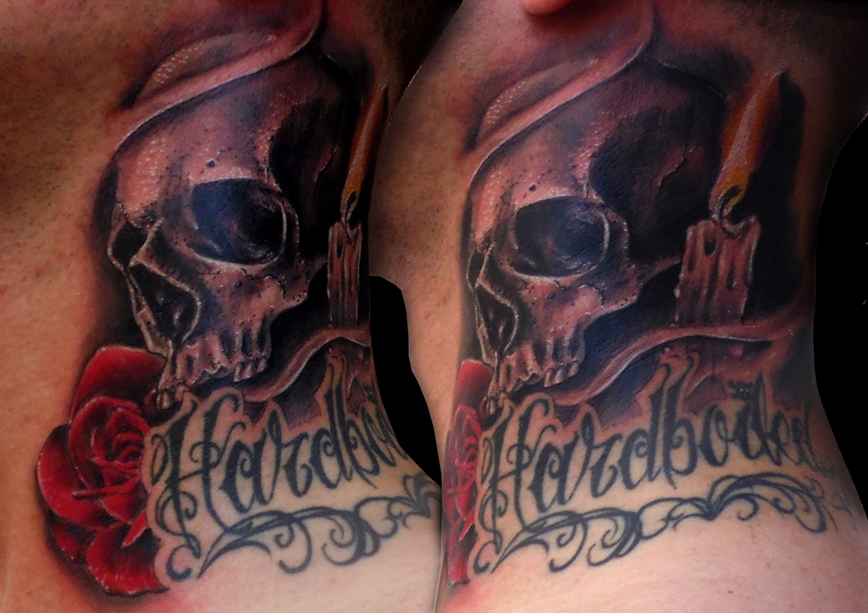 tatuaje tattoo calavera rosa cuello vela sombras black grey color hardboiled 13depicas huesca jaca