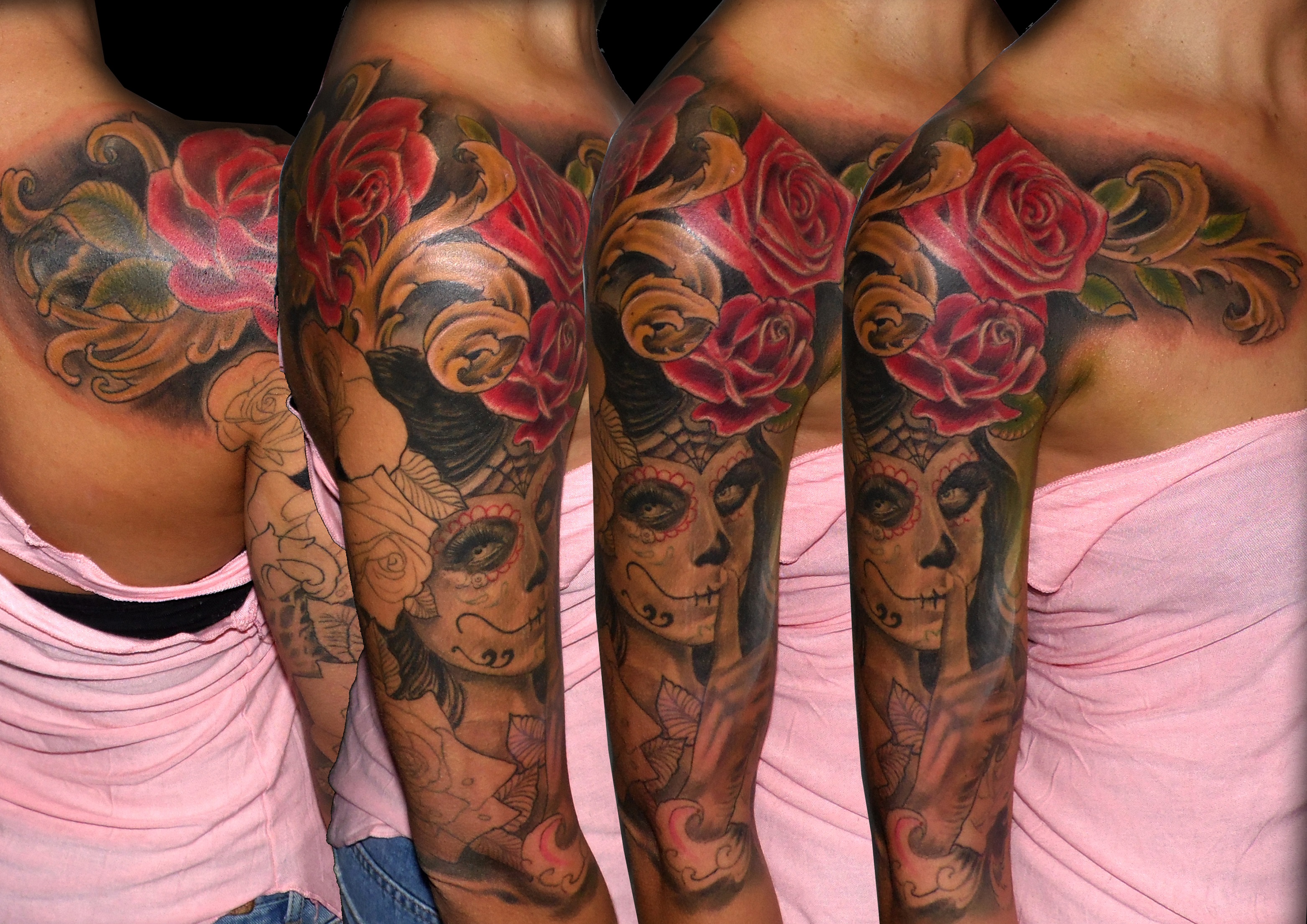 catrina en progreso trecepicas tattoo 13depicas jaca huesca tatuajes katrinas madein13 spain españa tatuadores roses rosas color brazo hombro pecho