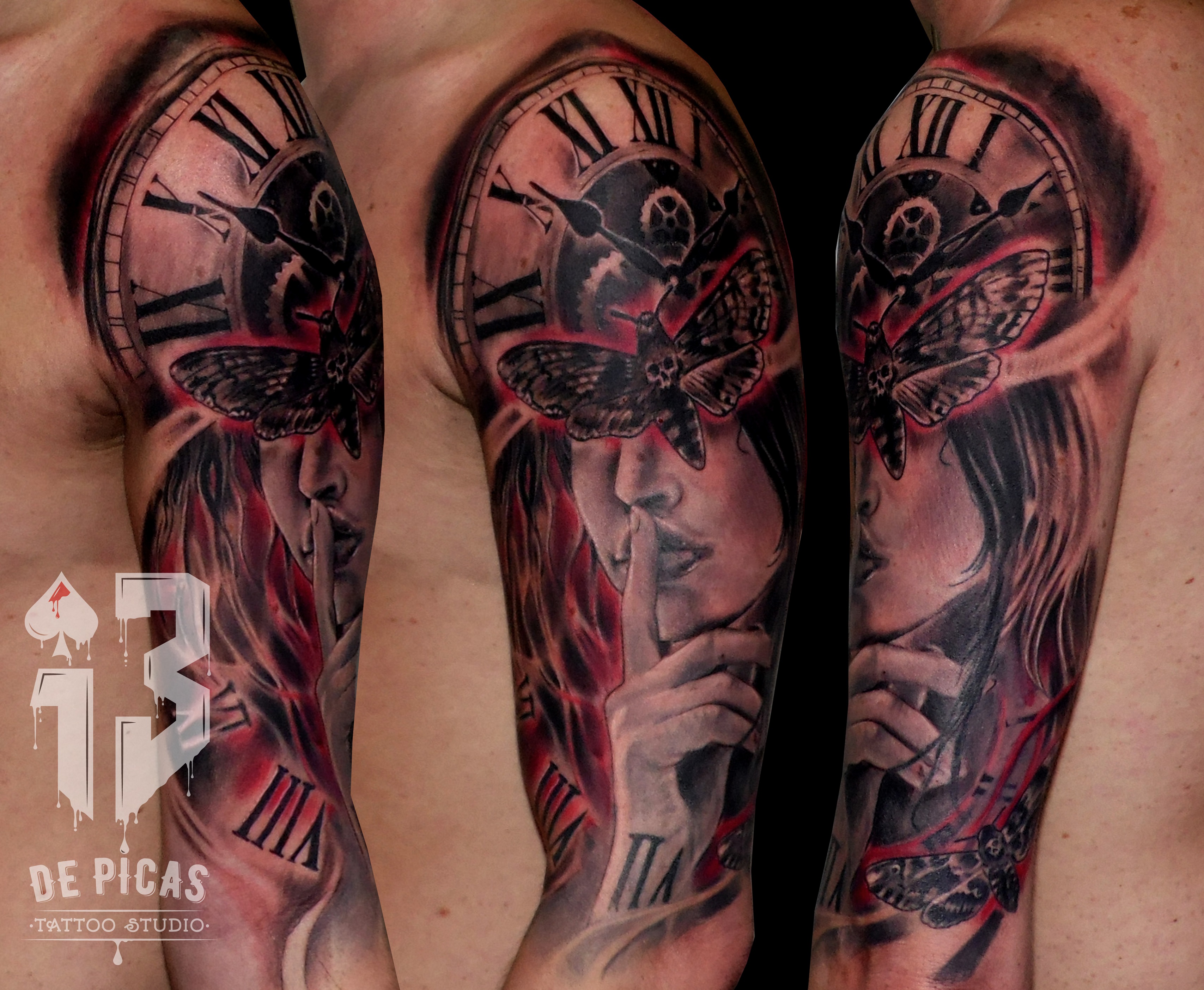 tatuaje tattoo realista retrato chica silencio polilla reloj black grey rojo brazo 13depicas jaca hombro