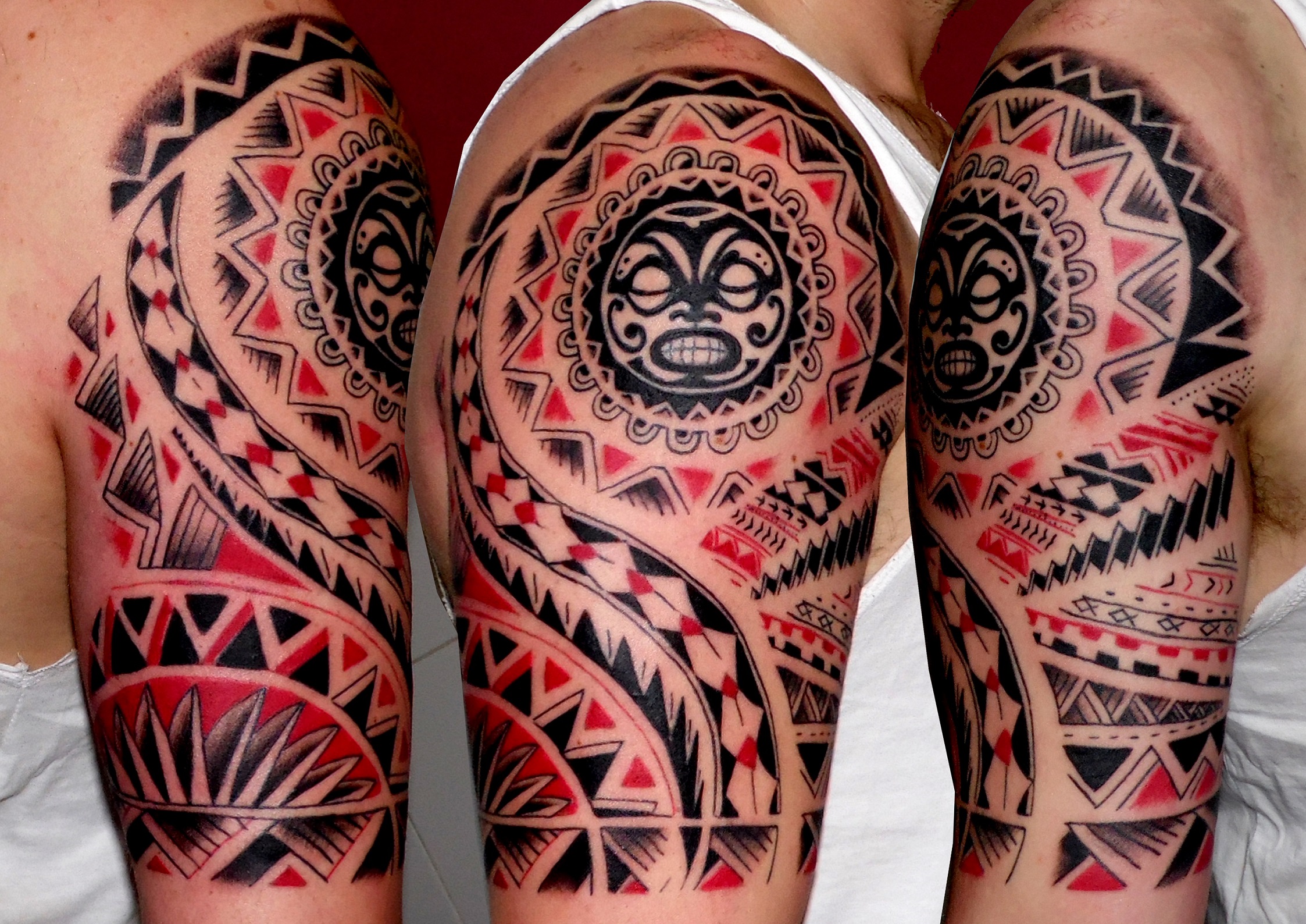 tatuaje tahitiano tribal tattoo hombro brazo mascara negro rojo 13depicas Jaca Huesca