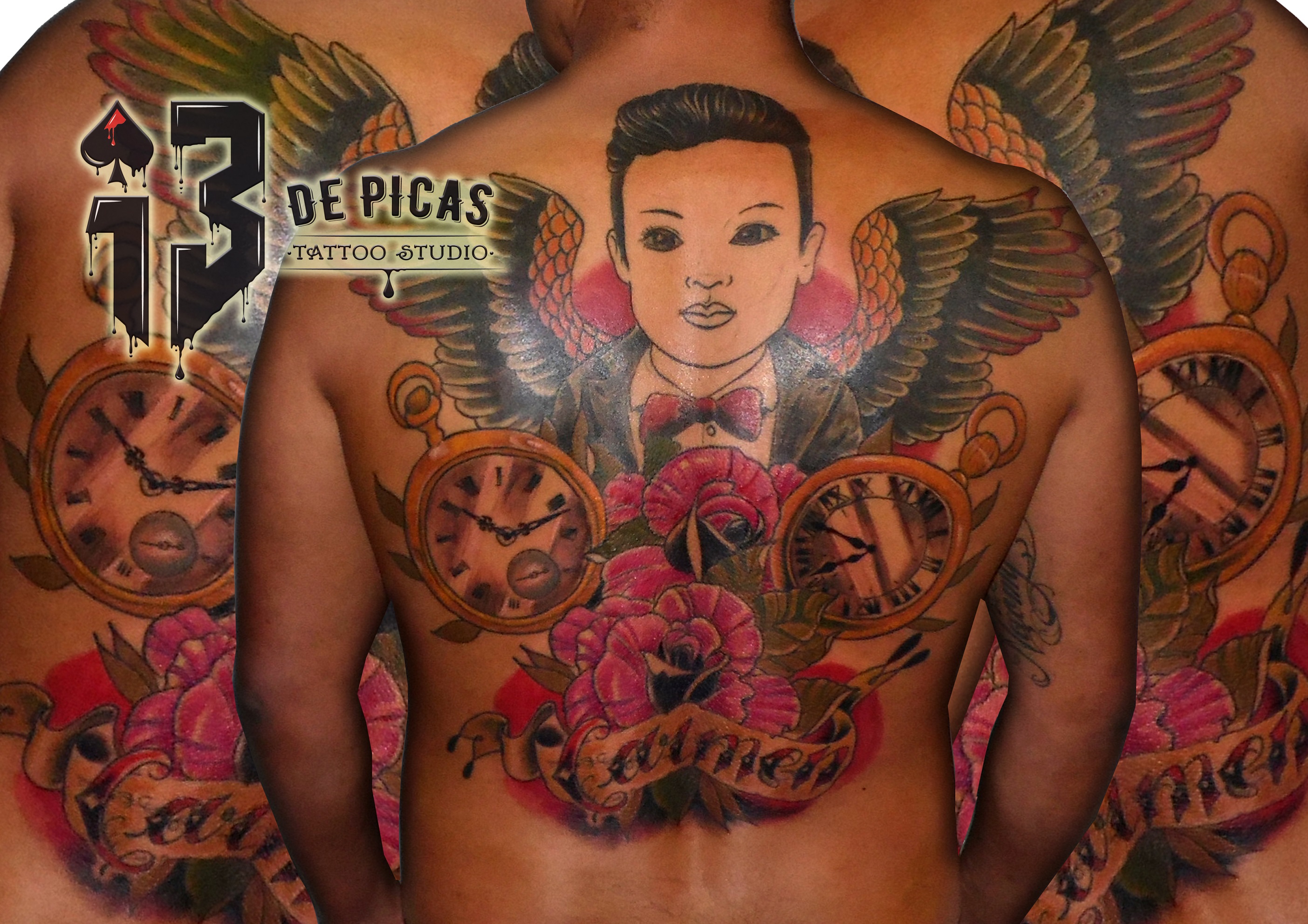 retrato niño neotraditional color espalda alas reloj rosas nombre 13depicas Jaca Huesca in progress