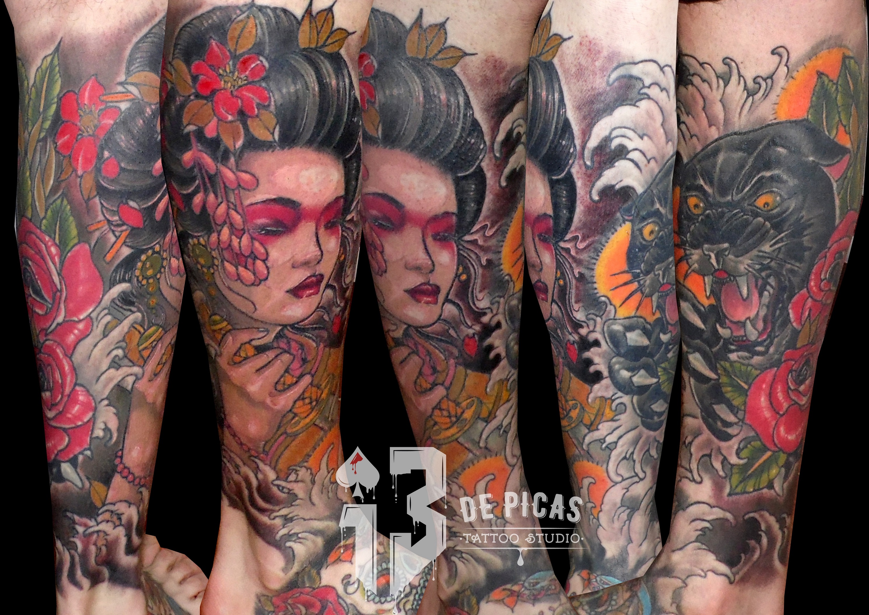 tatuaje tattoo geisha pantera rosas color pierna catana 13depicas Jaca huesca