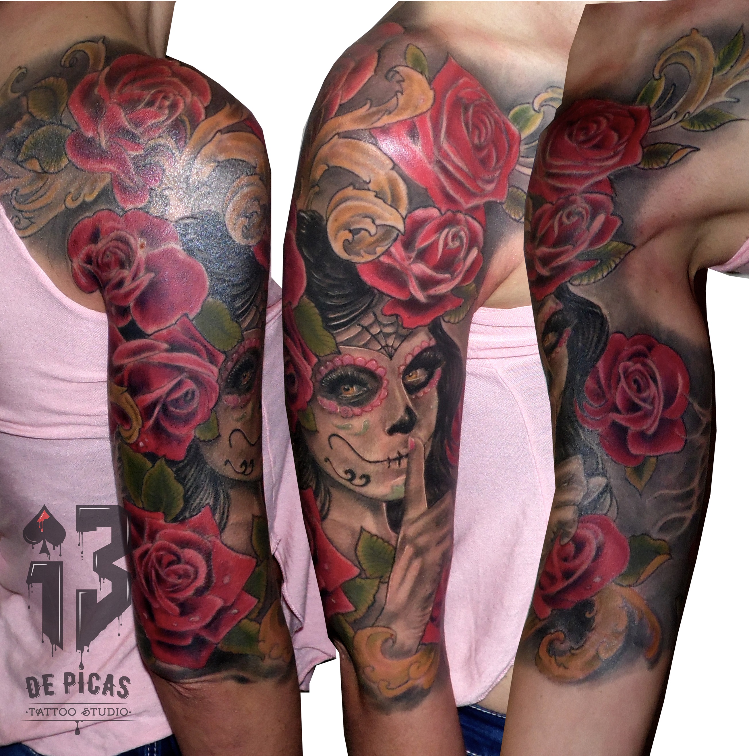 tatuaje tattoo catrina rosas color brazo hombro color 13depicas Jaca Huesca