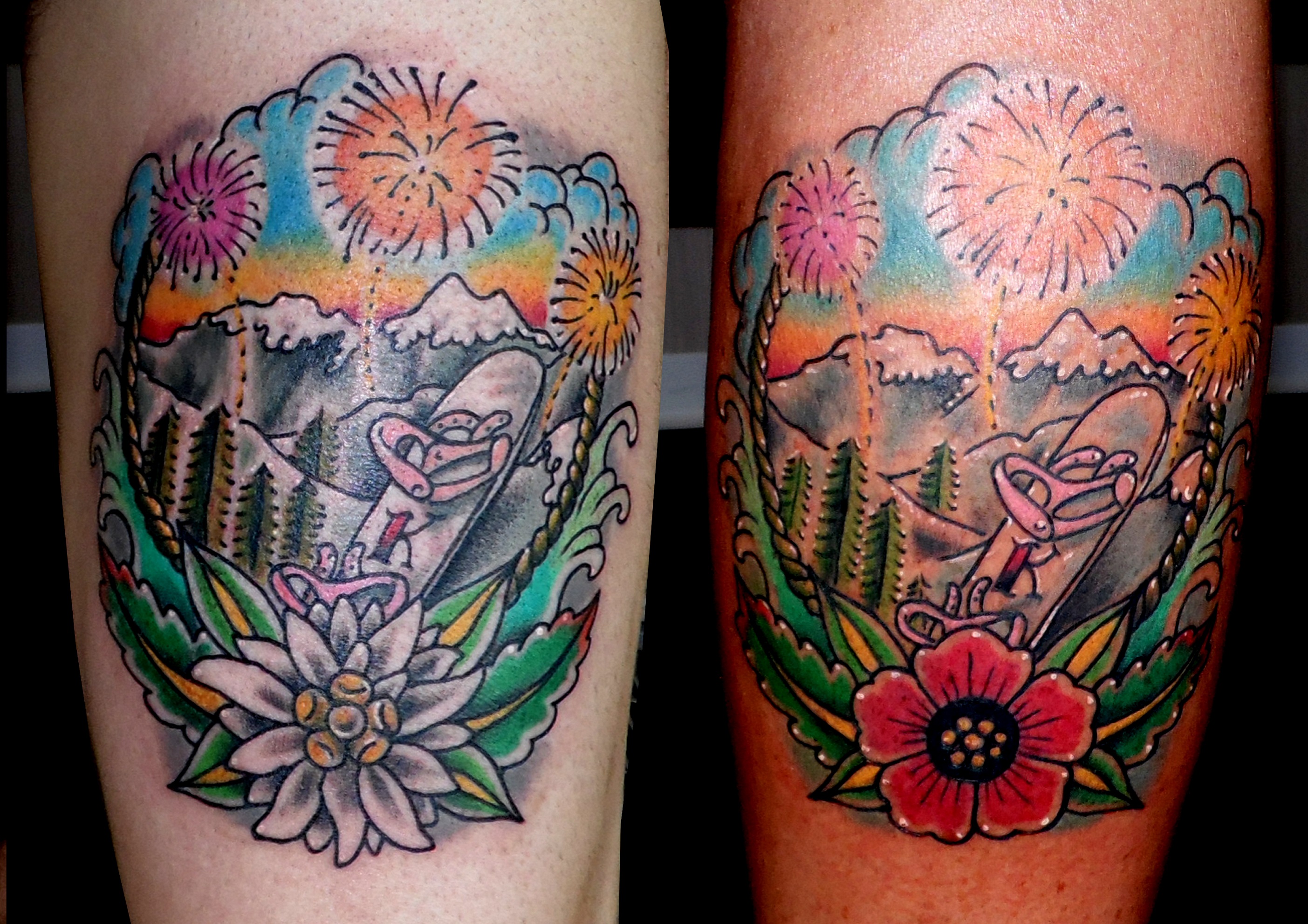 tatuaje tattoo tradicional old school color montaña flores nieve olas 13depicas Jaca Huesca