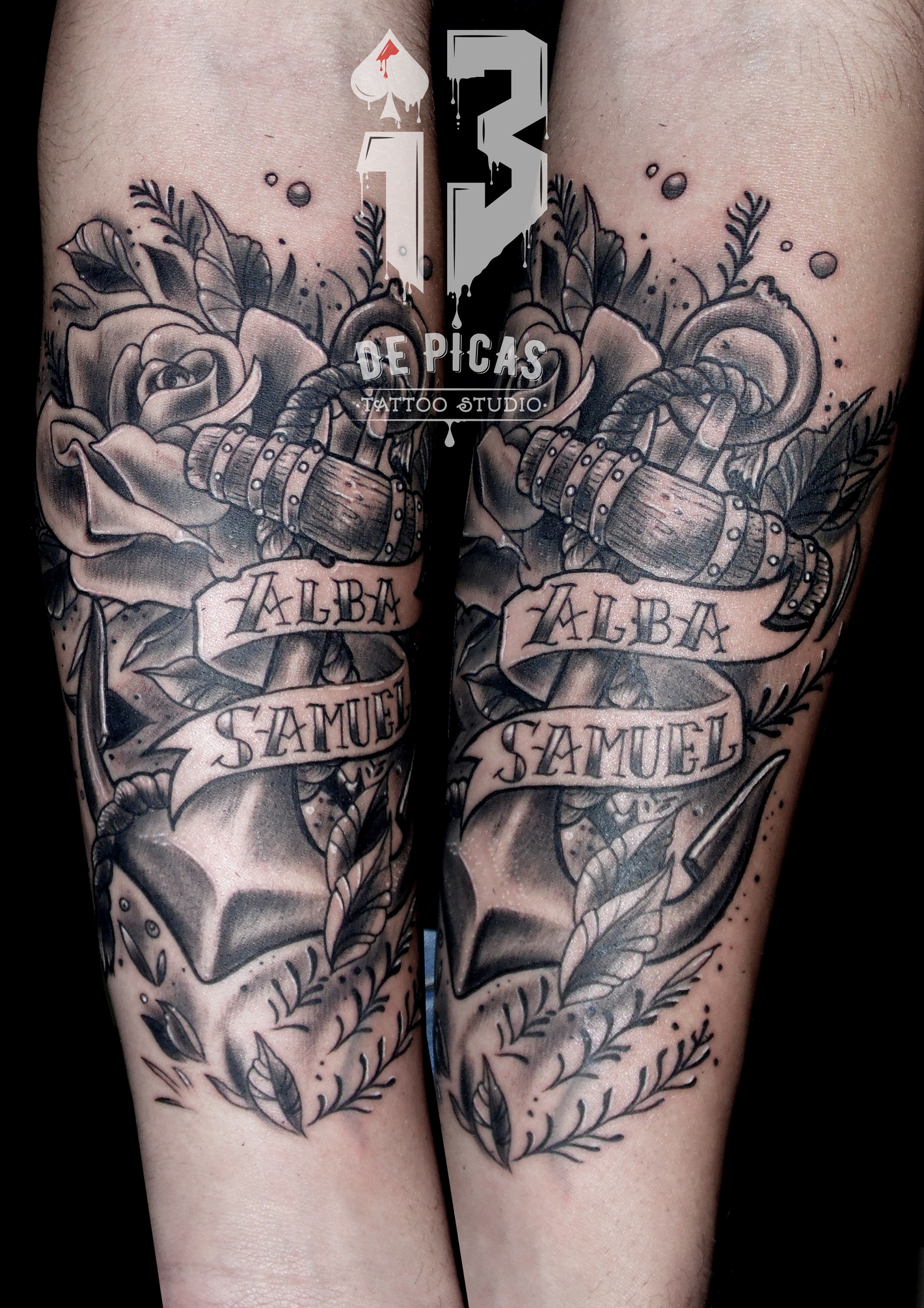 ancla rosa nombres tradicional old school tatuaje tattoo antebrazo negro 13 de picas jaca huesca